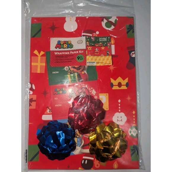 ​🍄 Super Mario Bros. 9pc Holiday Wrapping Kit SEALD NIP Xmas Tags Bows Nintendo - Picture 2 of 6